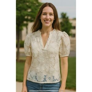 CONNIE ROBERSON BLOUSE TOP LACE FLORAL PUFF SLEEVE DAINTY FEMININE WHITE XS